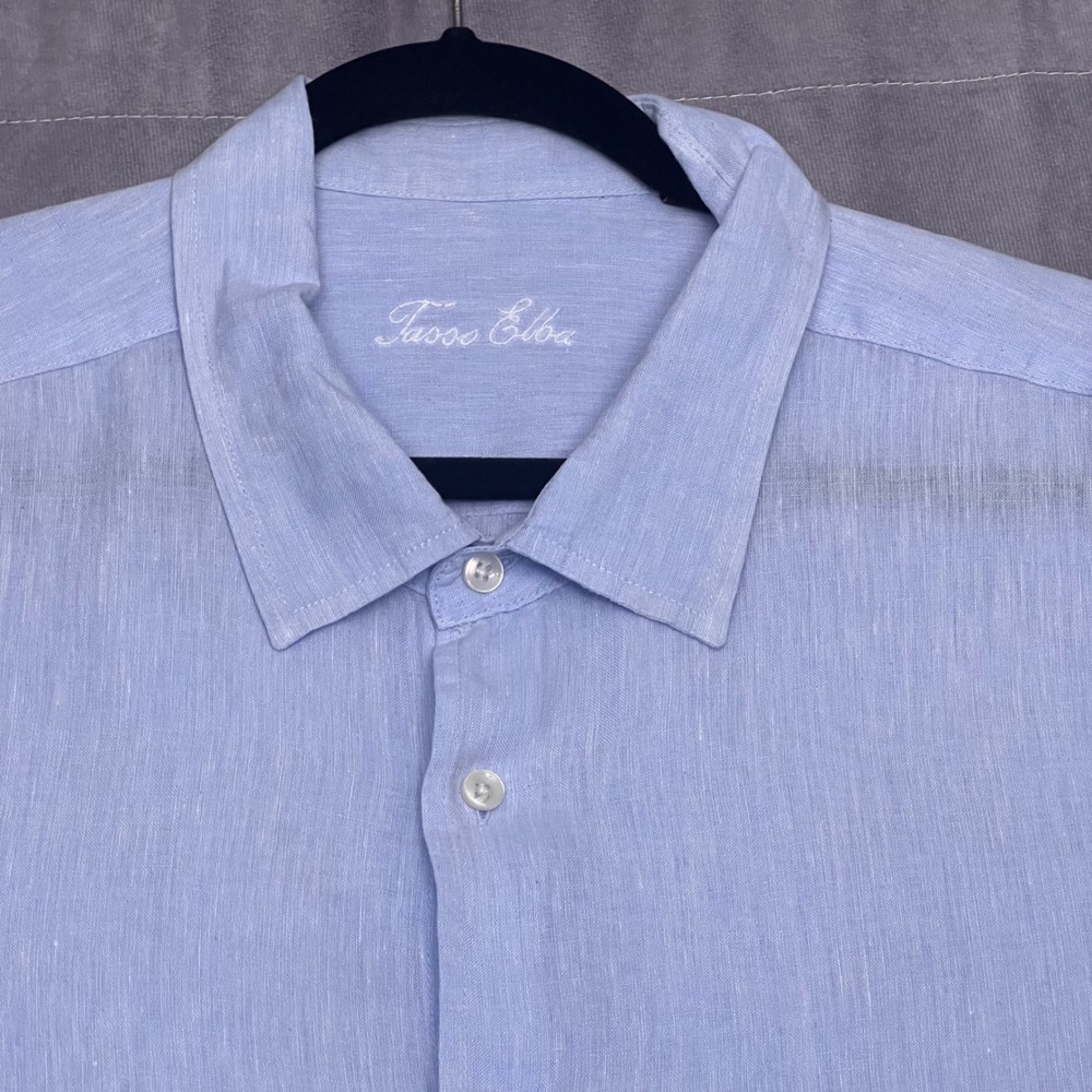 Tasso Elba Linen Shirt Mens XXL Blue Excellent Short Sleeve Button Down Pocket